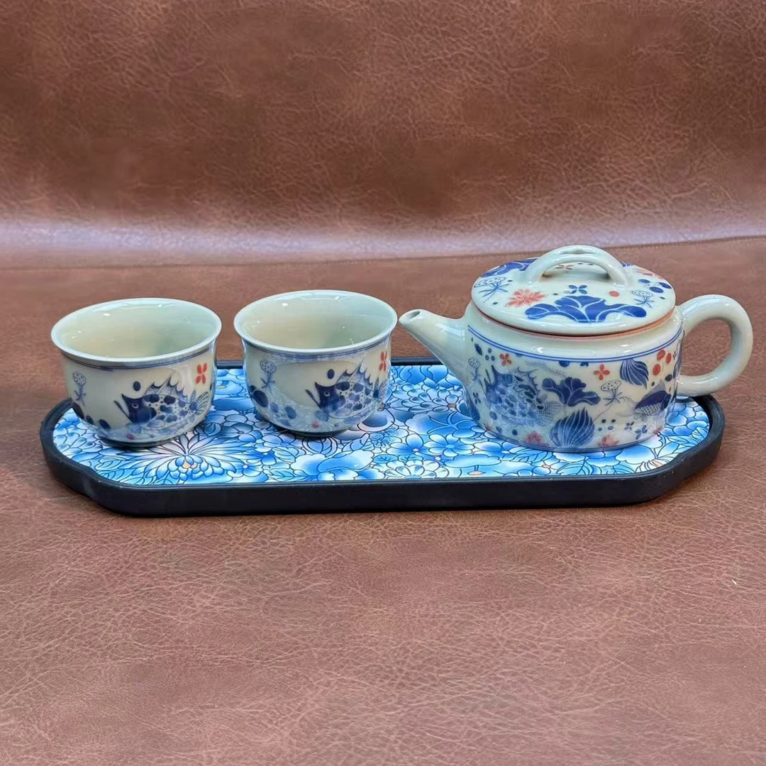 桃子茶器 青花多宝鱼汉瓦壶 2杯 花边海棠干泡盘-兰蓝荷-2682