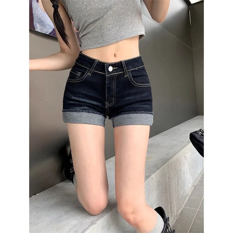 美式辣妹高腰性感超短裤热裤牛仔裤女夏季深蓝色设计感卷边短裤子
