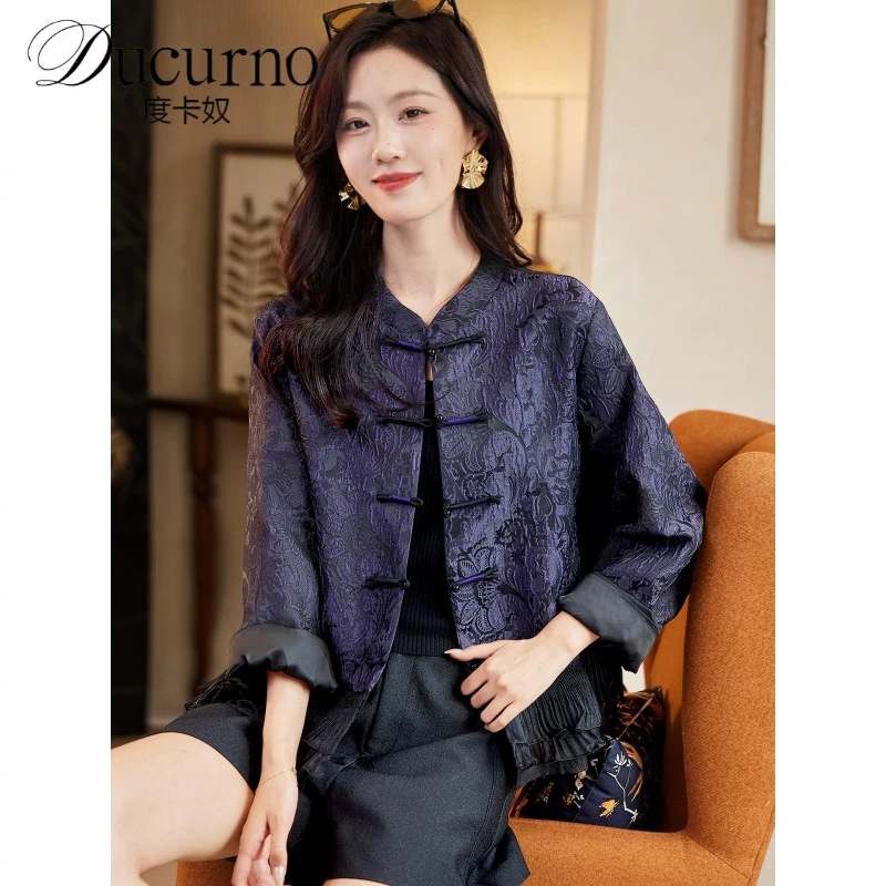 单排盘扣提花短外套女2025秋季新中式时尚气质百搭宽松国风上衣