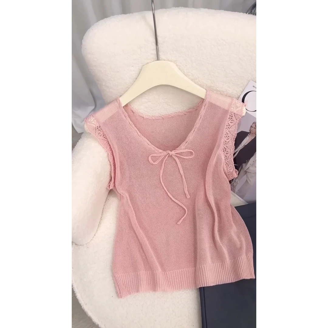 韩系粉色系带蝴蝶结v领针织衫女夏款小飞袖冰丝t恤外穿薄款小上衣
