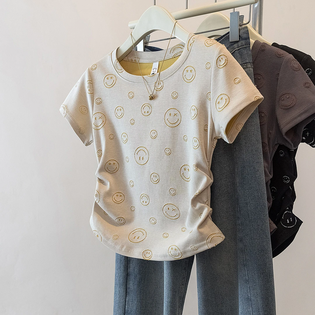 PA2025夏季新款微胖mm大码女装重工笑脸烧花显瘦修身短袖t恤上衣