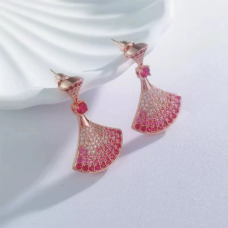 合金耳饰 镀K金6135~裙子玫瑰金色满天星爆款扇子形小裙子型耳饰