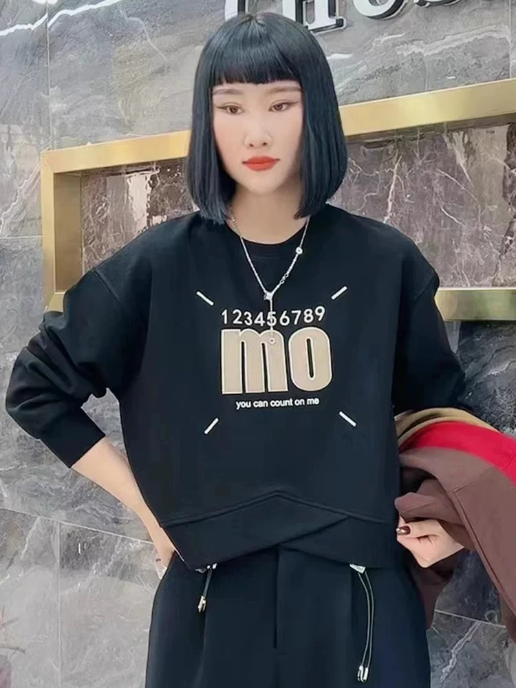 短款圆领加绒卫衣女秋冬款不规则慵懒风宽松长袖上衣