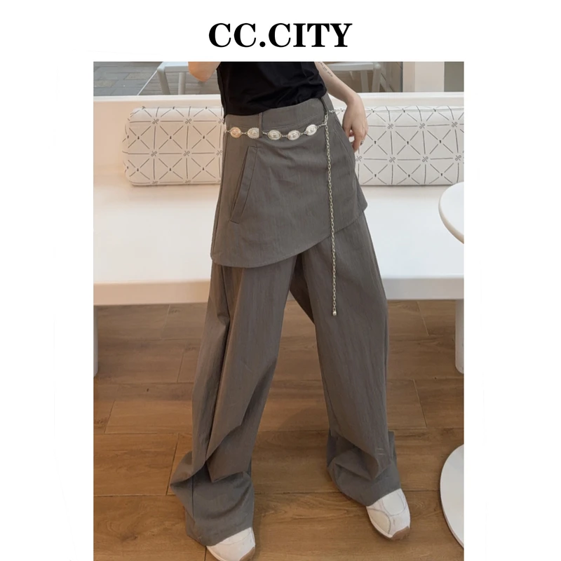 【蔡丽丽 & 添羽 】时尚洋气个性百搭薄工装假两件配腰带裙裤W8652