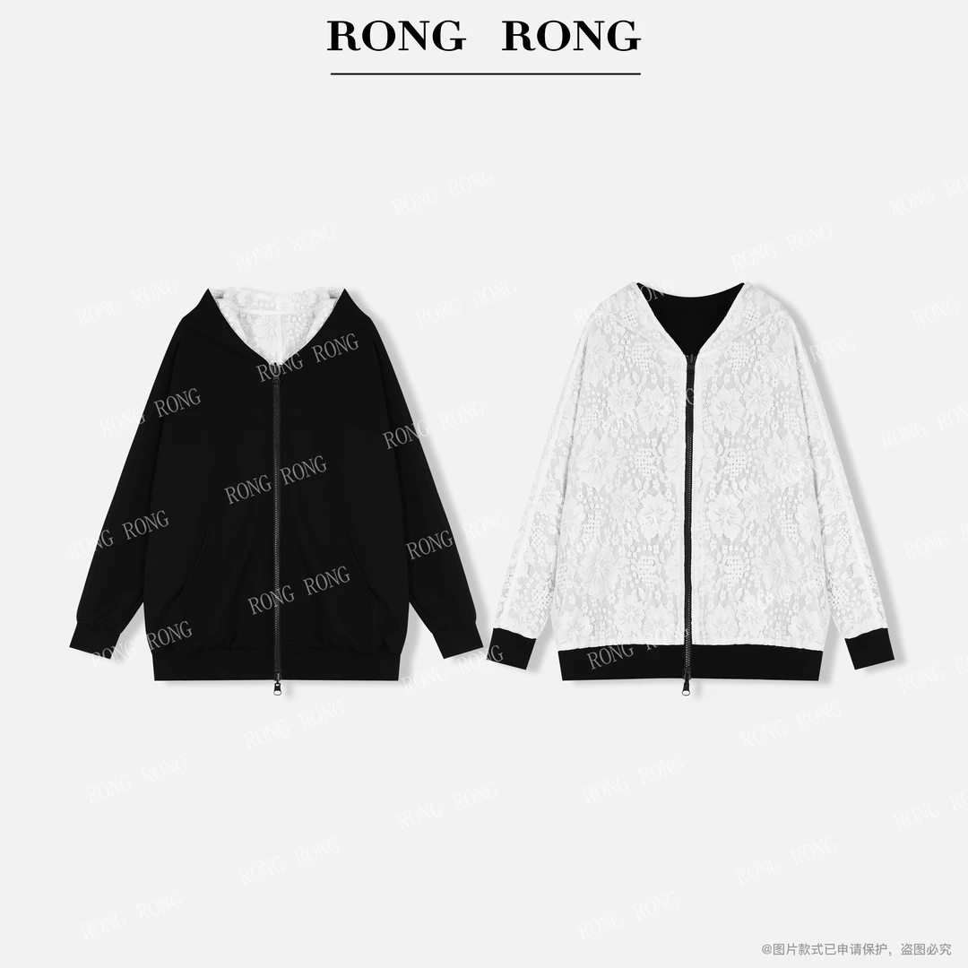 溶溶【织墨星灰】RONGRONG 空气层钩花蕾丝连帽卫衣外套ZGQ6W2850