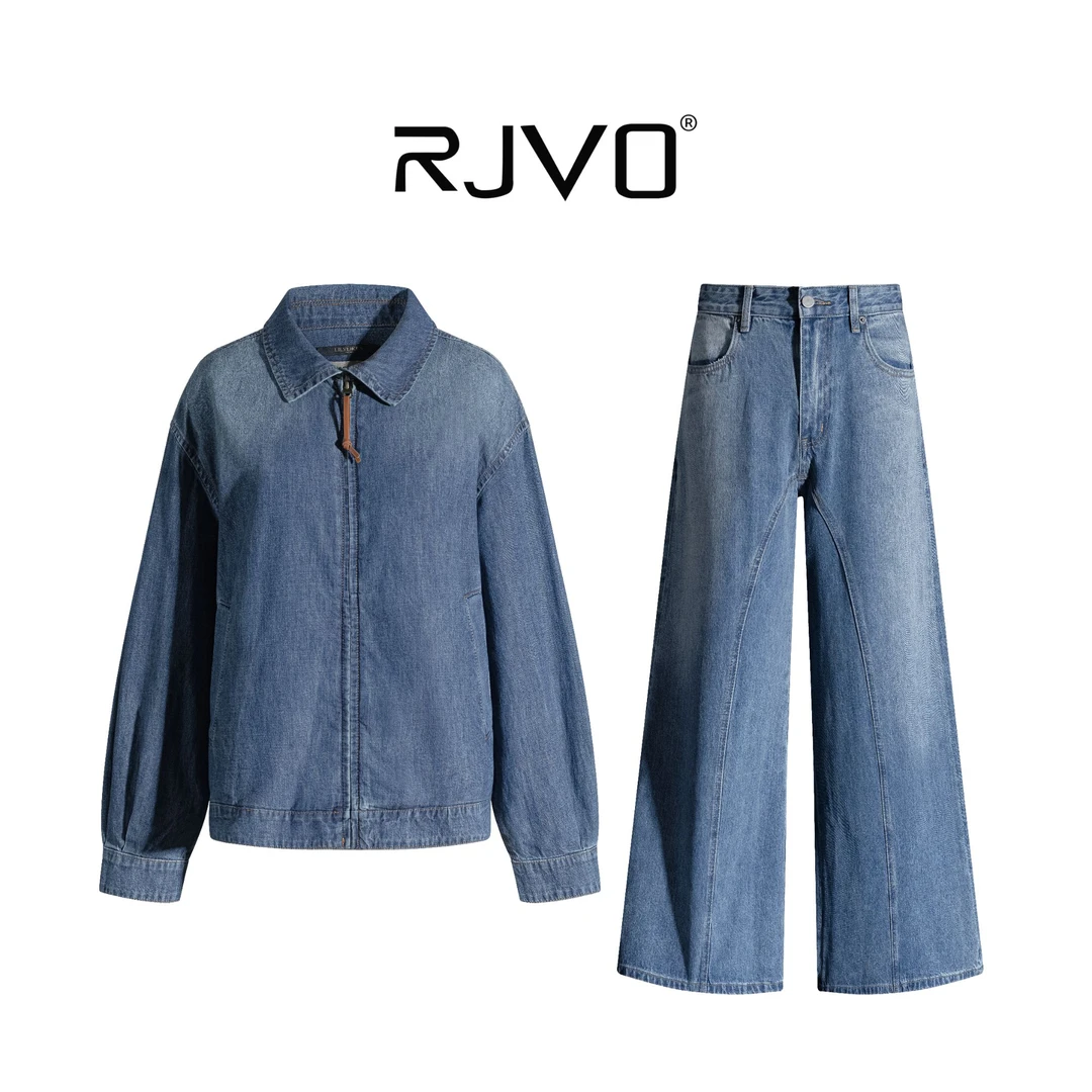 RJVO新款老钱风复古宽松牛仔套装女高腰显瘦休闲时尚套装