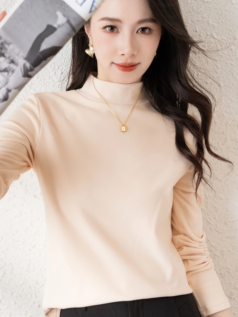 冬季双面德容保暖半高龄加绒加厚打底衫女时尚洋气长袖中领上衣02