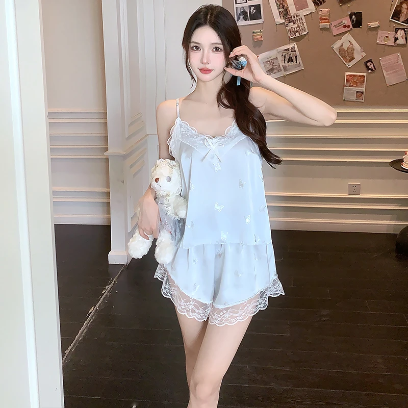 庆同新款冰丝蕾丝吊带短裤睡衣夏季女士性感宽松甜美可外穿家居服