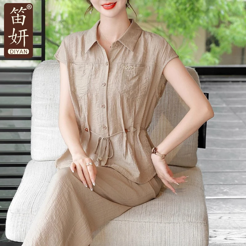 2025新款中年夏装妈妈套装气质短袖衬衫中老年女短袖T恤雪纺上衣