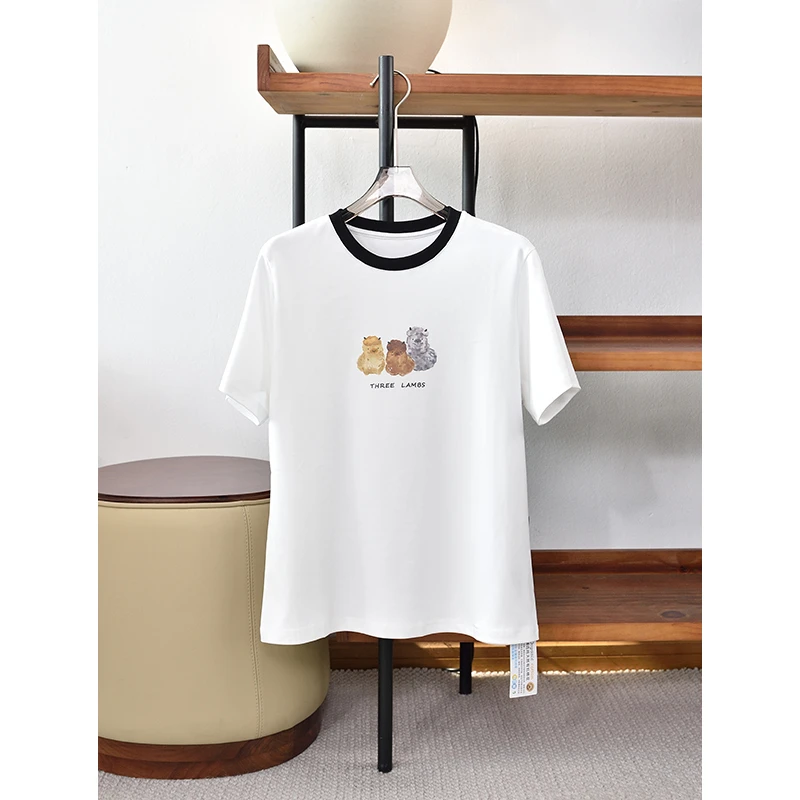 春季新品 圆领领口拼色印花短袖T恤