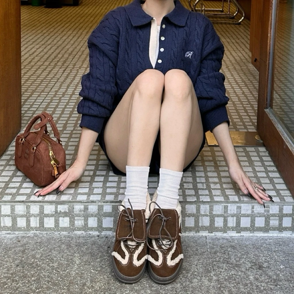 真皮加绒德训鞋女冬季平底保暖阿甘鞋休闲小白鞋翻盖女鞋