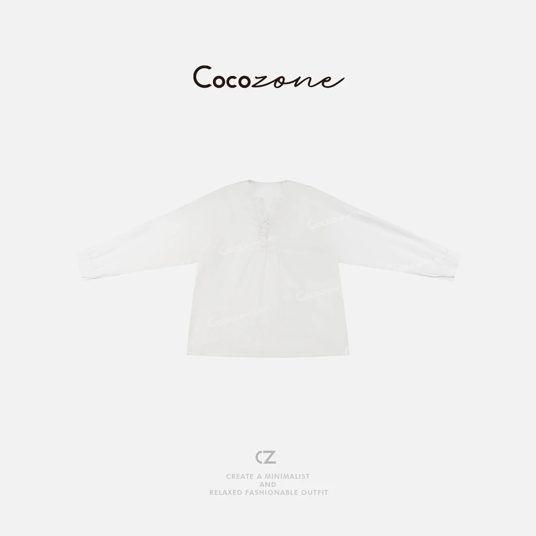 COCO ZONE 刘一一法式白色V领春季薄款长袖衬衫CD2A0617