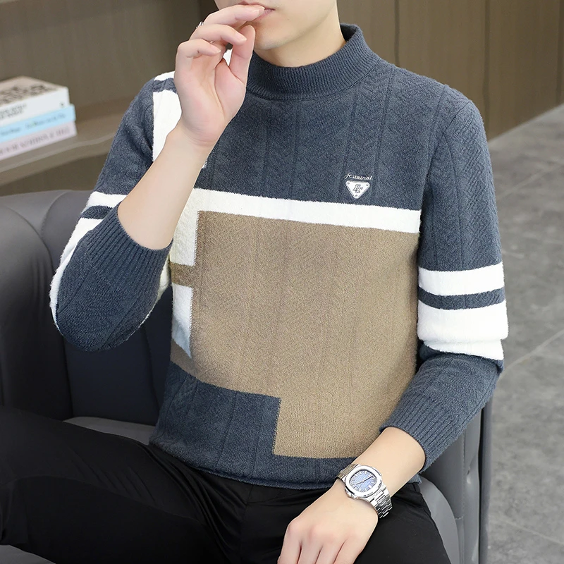 【高品质】2025秋冬季糯米绒拼色毛衣男士半高领休闲针织衫9263