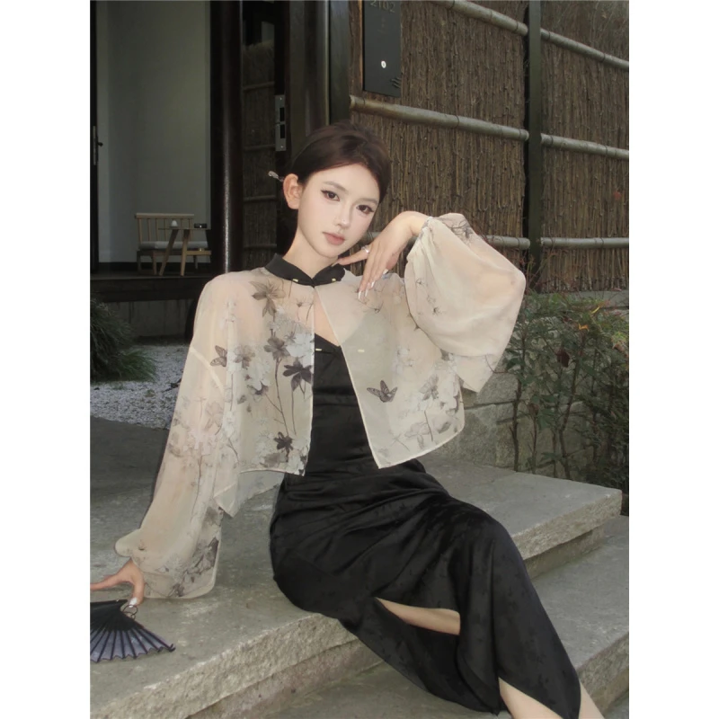 新中式中国风旗袍套装女春季2025新款盘扣罩衫提花缎面吊带连衣裙
