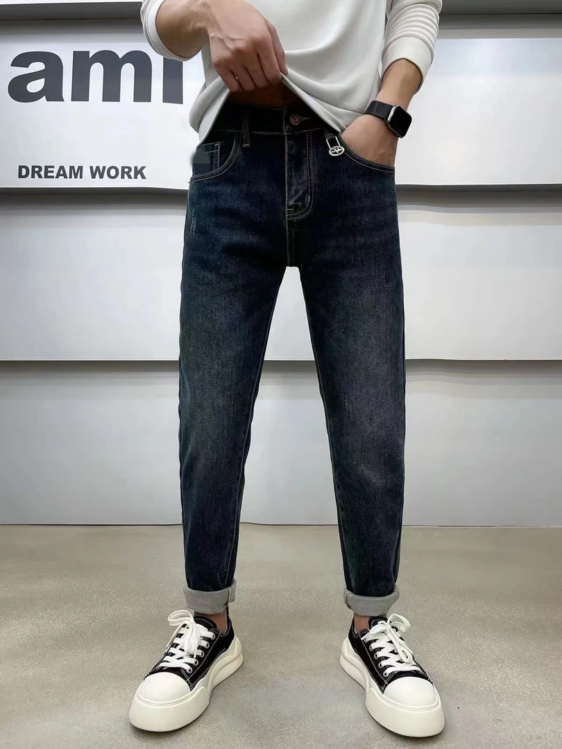 男士修身小脚牛仔裤冬季新款一体抓绒高弹水洗时尚百搭牛仔裤6928