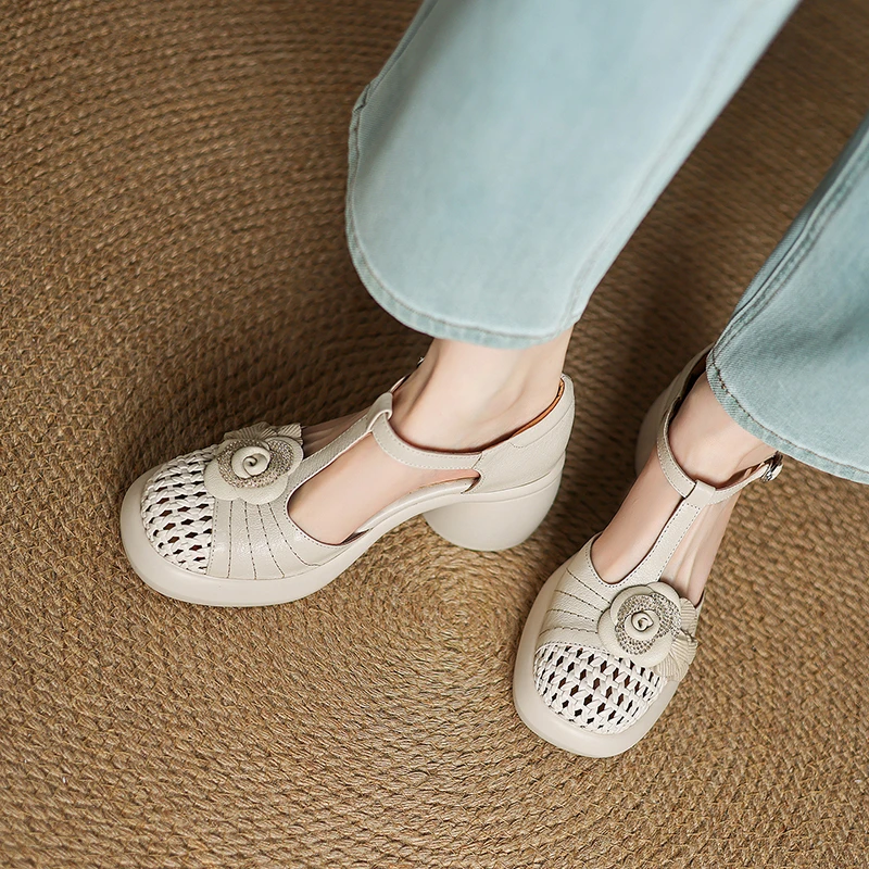 羊皮7厘米 34-40时尚百搭夏季透气真皮镂空粗跟厚底春夏丁字带