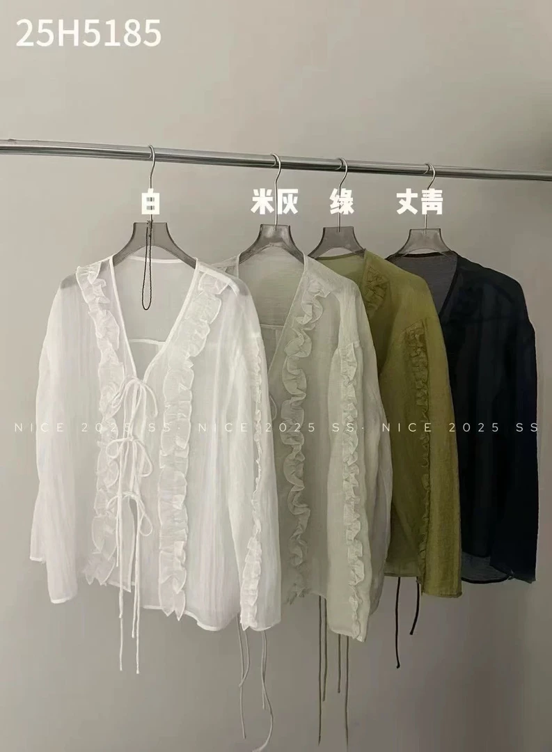 【周小茉】木耳边系带设计显瘦百搭气质夏季防晒衬衫女上衣