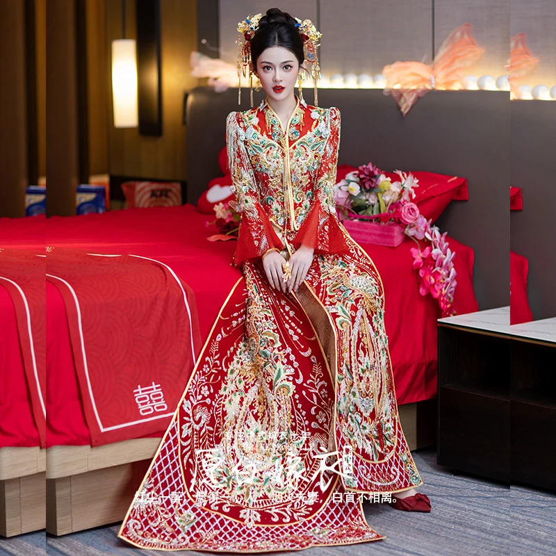 大拖尾春夏网纱秀禾服新娘结婚服饰2025新款中式礼服敬酒服出阁服