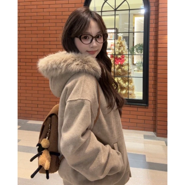 【燃燃定制】150小个子冬季短款韩系大毛领连帽保暖棉服厚外套25121