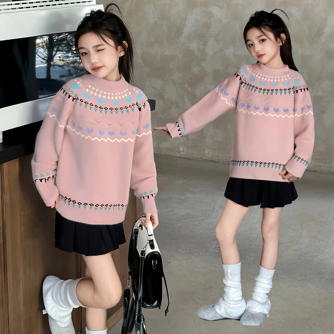 女童毛衣秋冬上衣潮拼色休闲风女长袖厚款毛衣针织衫秋季大童韩版