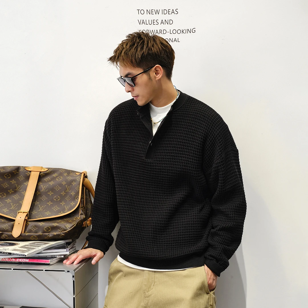 Aft studio【固色混纺 华夫格扭花】针织毛衣春秋休闲通勤黑色上衣