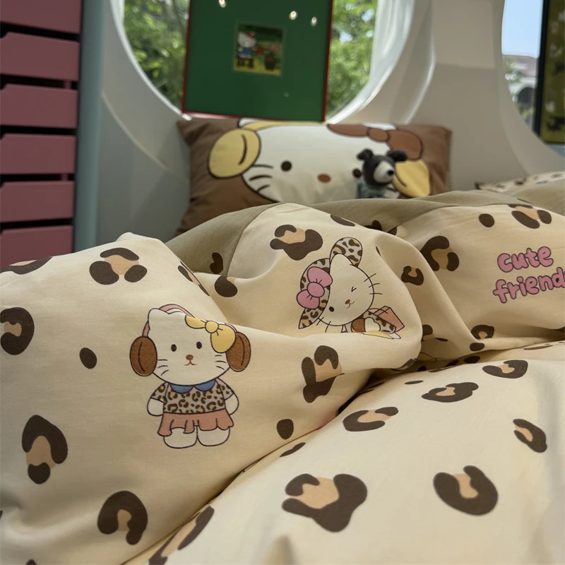 易安阁卡通时尚豹纹猫咪四件套纯棉1.5m1.8米大学生宿舍三件套