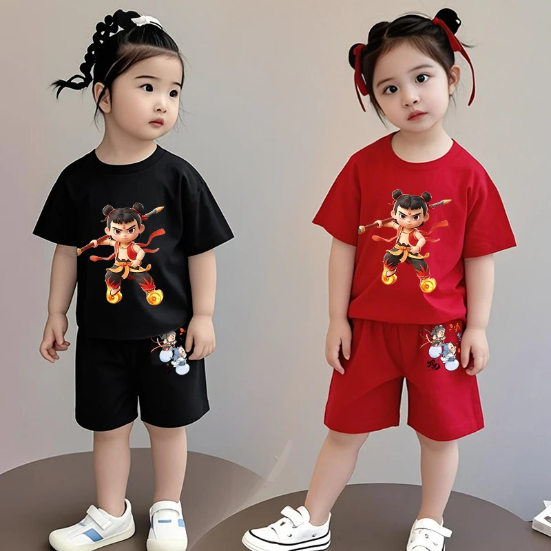哪吒男女童夏装纯棉套装2025新款儿童衣服炸街宽松短袖短裤两件套