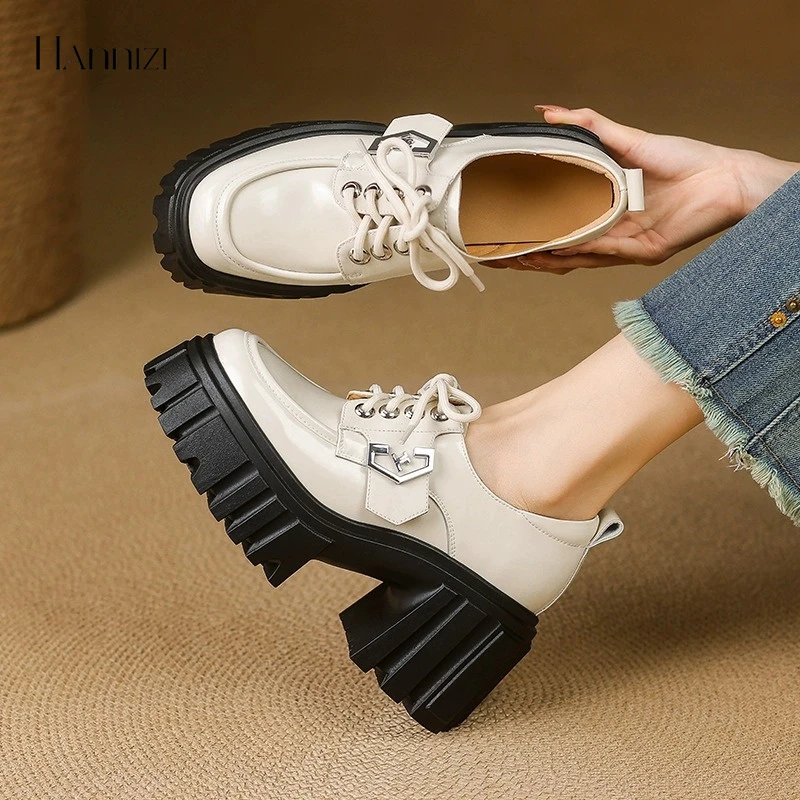hannizi小个子厚底乐福鞋超高跟英伦风粗跟漆皮百搭休闲时尚单鞋