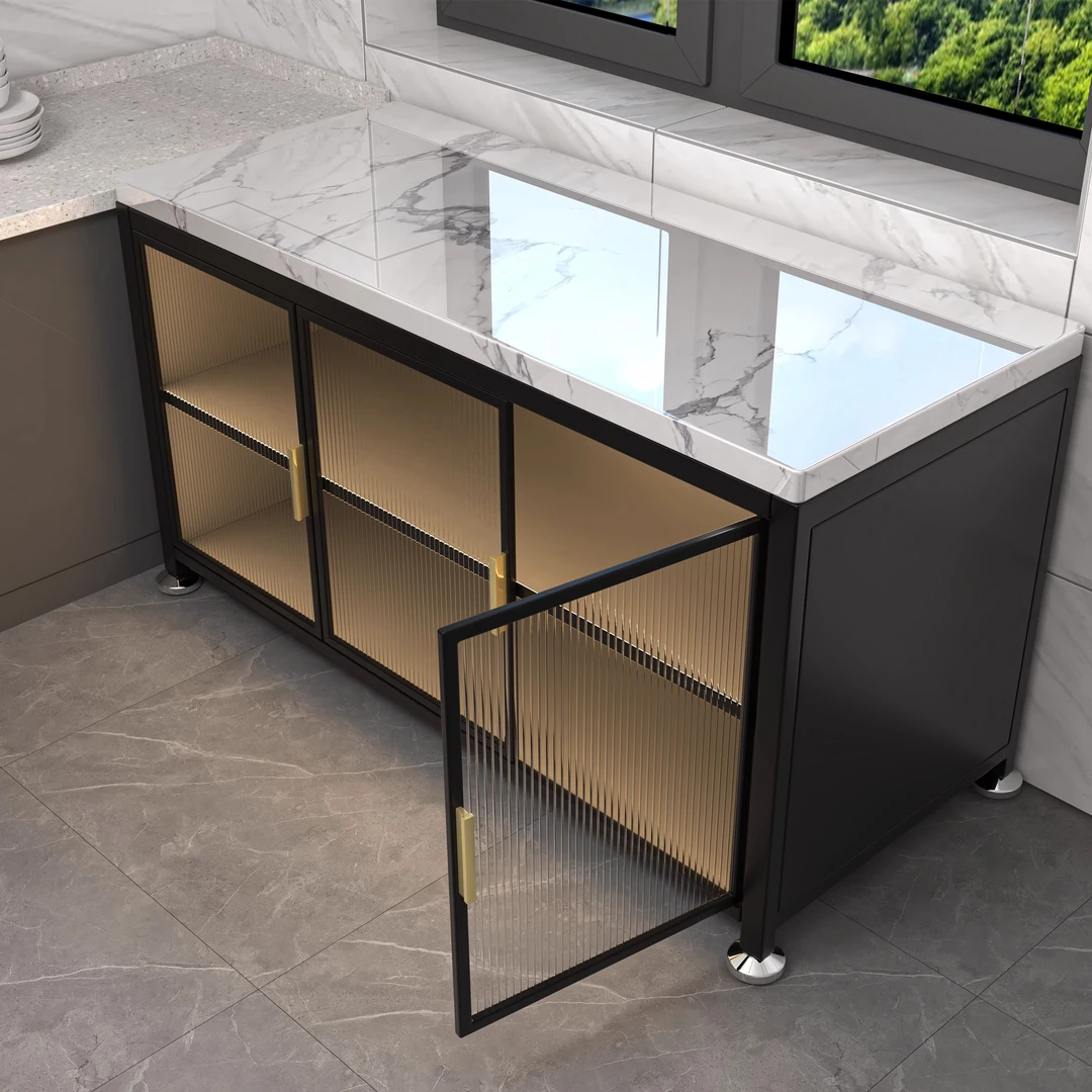 厨房置物架岩板落地多层储功能靠墙一体收纳餐边切菜工作台橱柜子