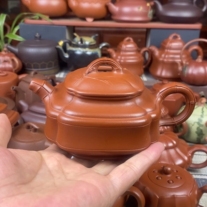 紫砂茶壶四方竹鼓330cc原矿赵庄朱泥特价