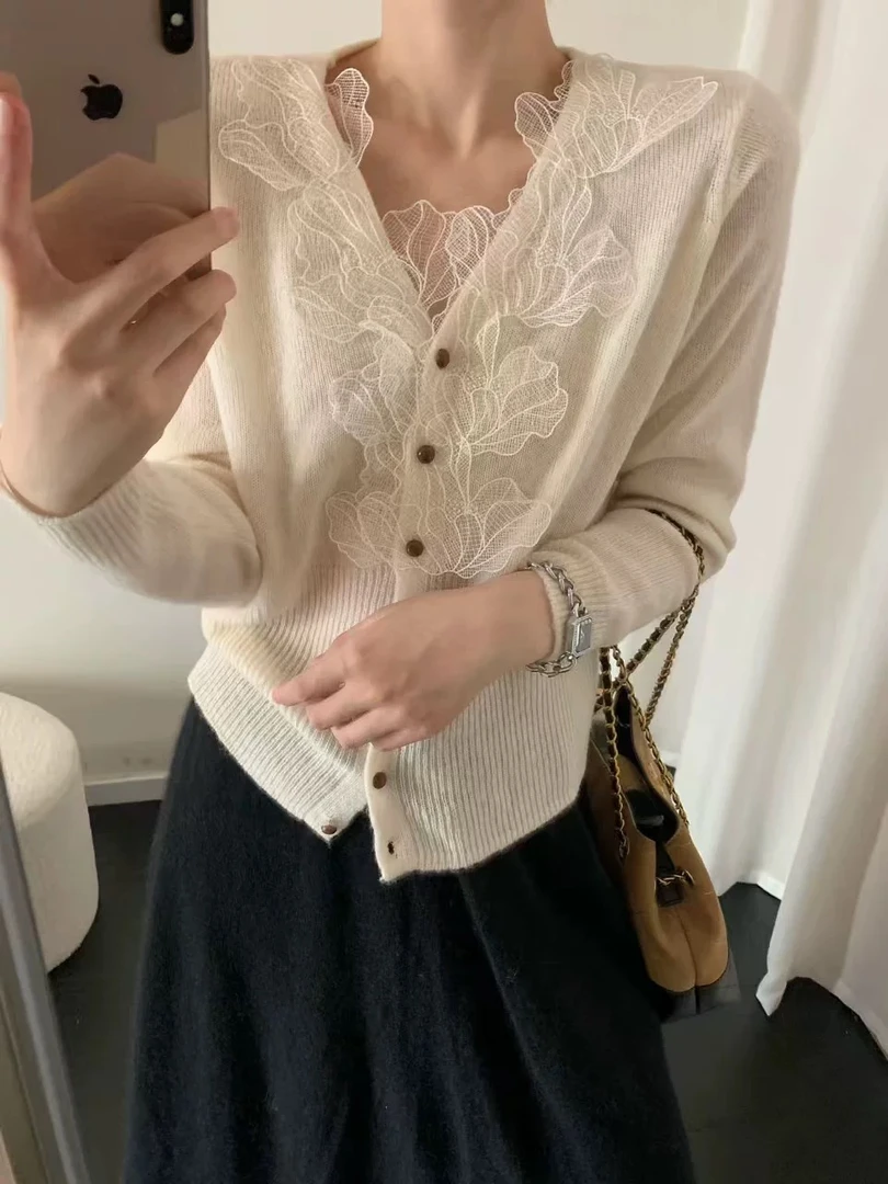 【锦衣服饰】DZG 1531韩系蕾丝拼接V领长袖针织开衫