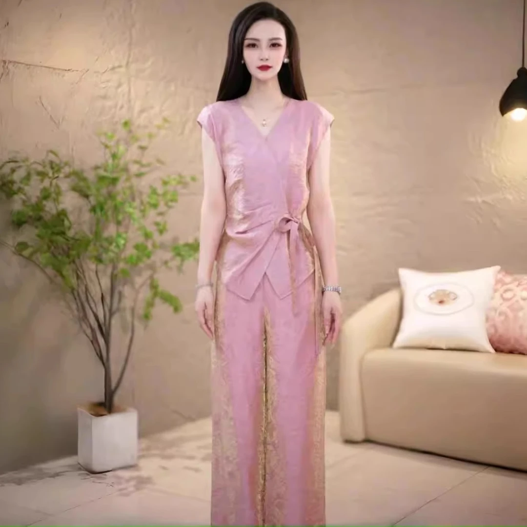 拉夏贝尔新中式时尚套装女夏季新款气质显瘦上衣高腰阔腿裤两件套