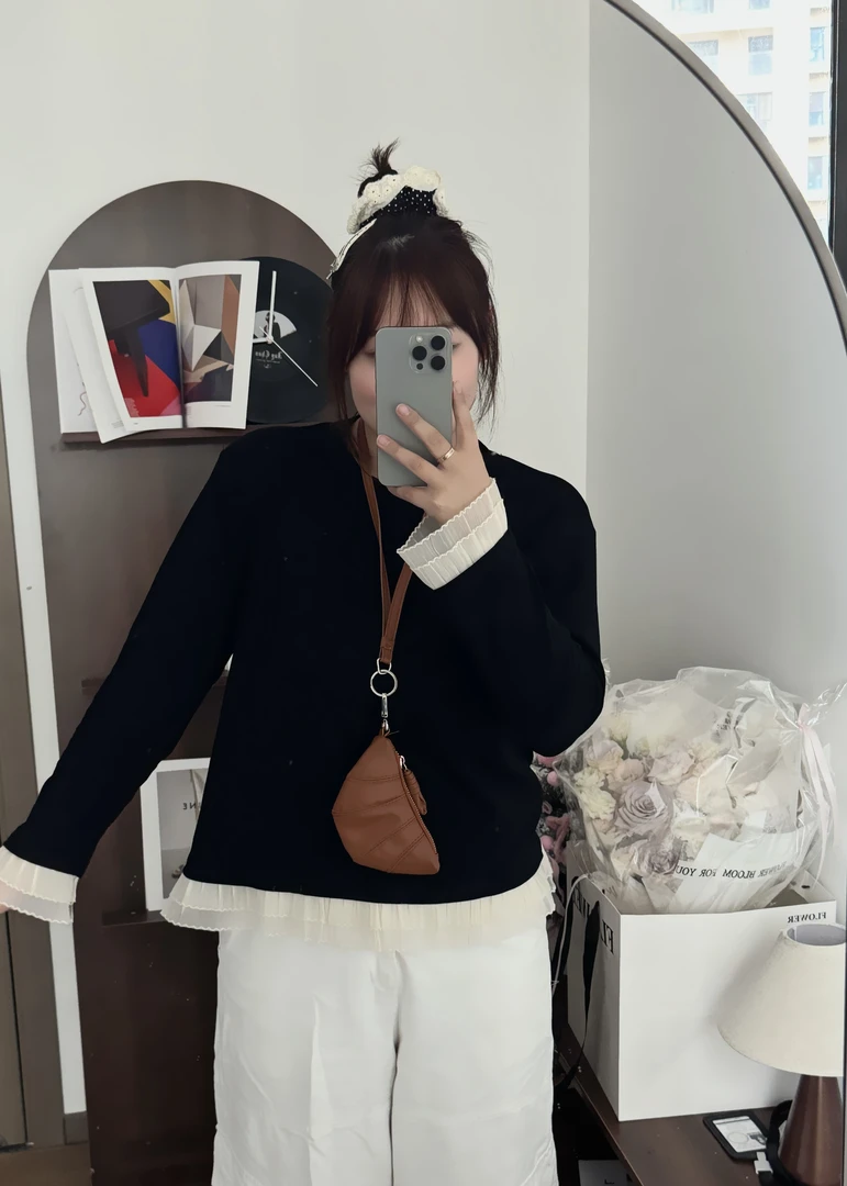 【小李微微胖】春秋韩系百搭木耳边拼接圆领弹力长袖T恤打底衫