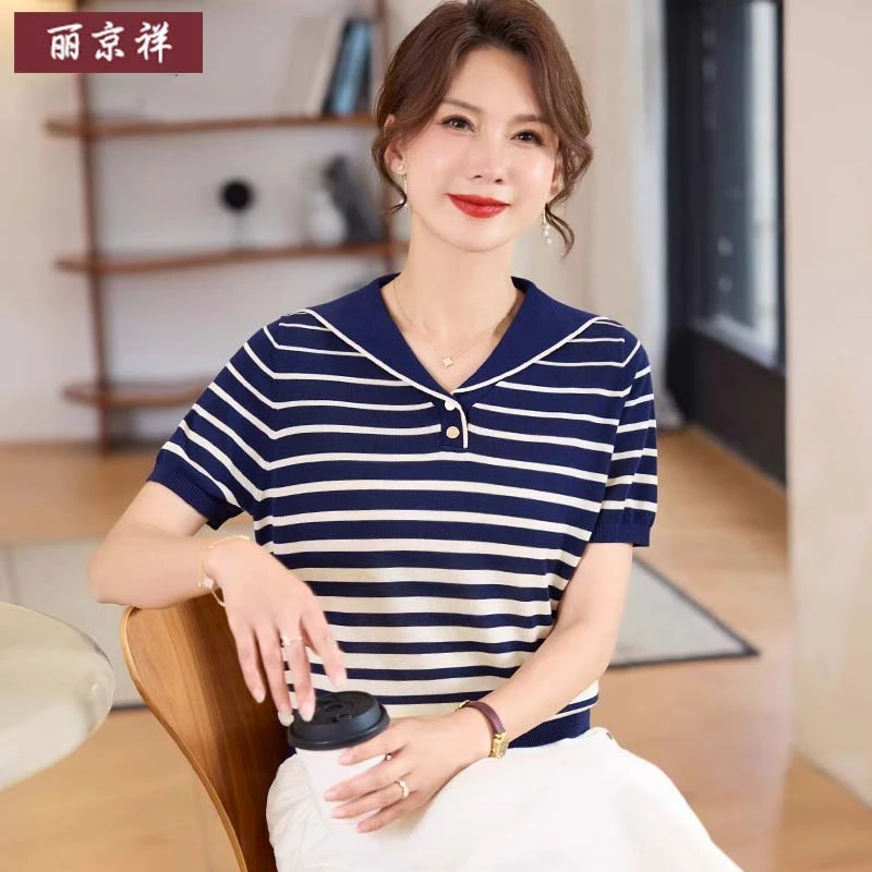 洋气妈妈夏装条纹短袖上衣2025新款中老年女装休闲T恤衫针织小衫