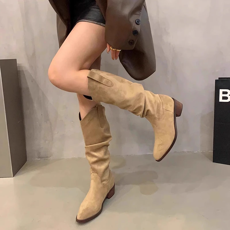 【DR专柜正品】粗跟复古V口堆堆中筒长靴女2025新款尖头西部牛仔长