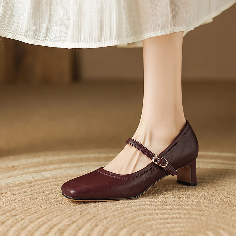 301-350（按编码拍）法式方头粗跟纯色高跟单鞋复古女鞋玛丽珍鞋