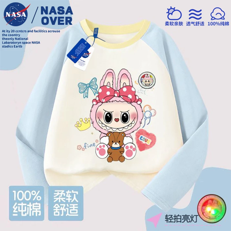 NASA女童多巴胺拉布布亮灯纯棉插肩长袖T恤春秋季新款卡通打底衫