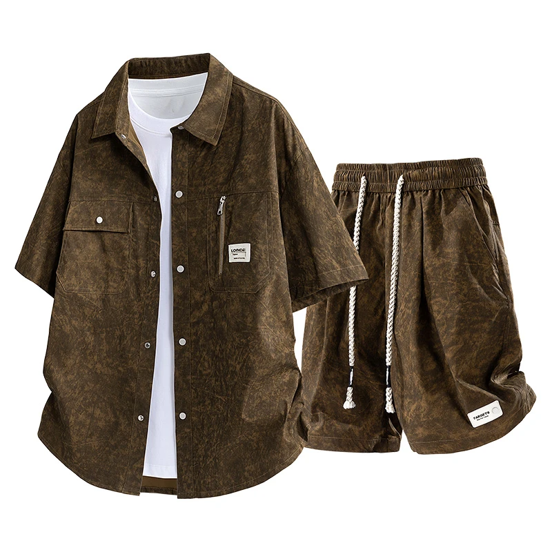 棉致夏季新款大码衬衫套装冰感休闲扎染设计抽绳短裤短袖两件套