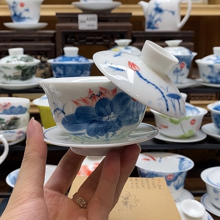 手绘荷花悬停盖碗150cc釉下彩微瑕福利款