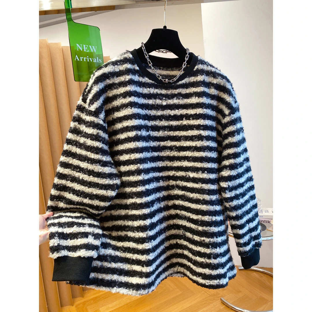 胖妹妹240斤大码毛绒条纹卫衣女秋冬新款宽松圆领套头毛茸茸上衣