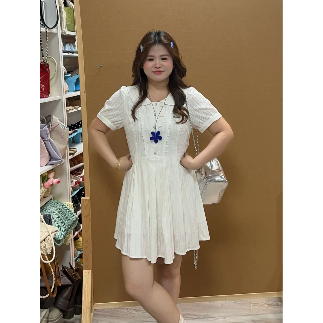 【白桃气泡】大头婷(TT)微胖夏季连衣裙翻领花边开扣收腰短袖短裙