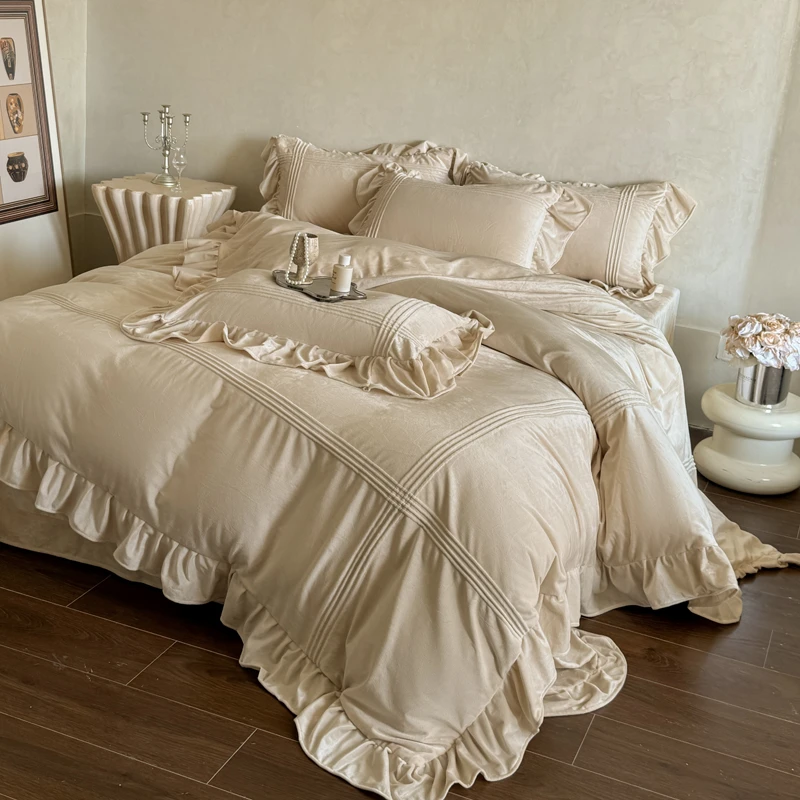 加厚婴儿绒四件套牛奶绒花边被套罩轻奢加绒床单床笠冬季床上用品