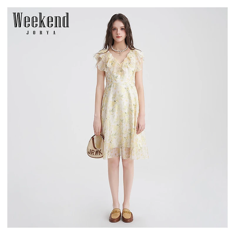 卓雅周末夏新款V领荷叶边小飞袖雪纺印花度假风连衣裙EJWEBF45