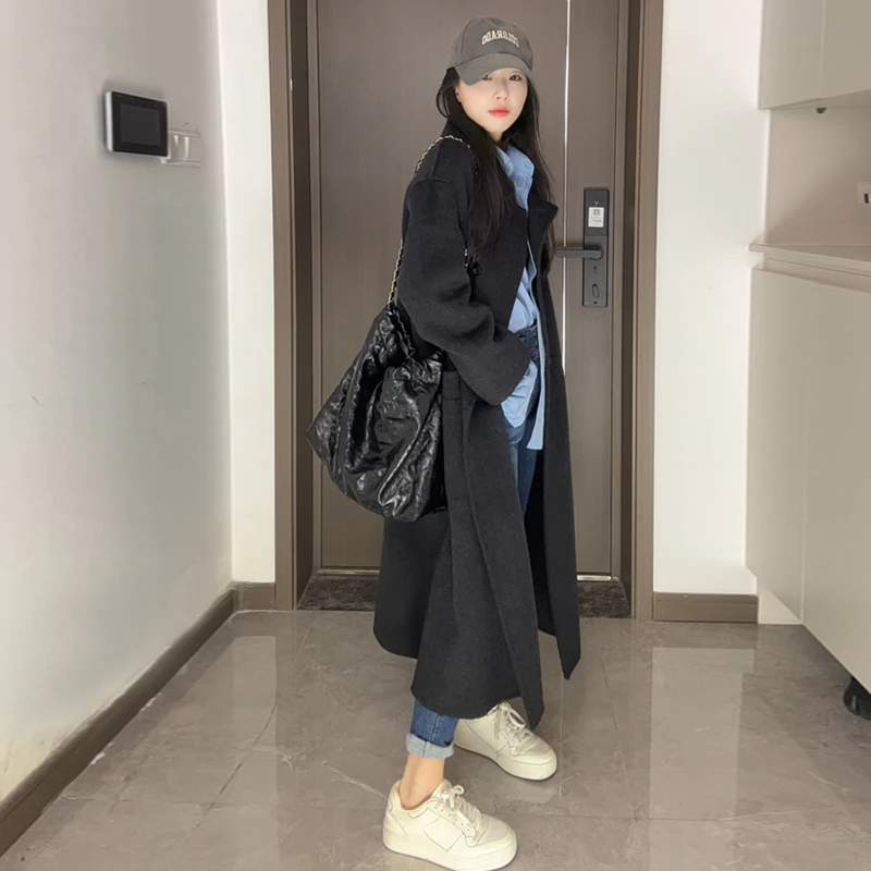 【韩熙熙】卡其色双面绵羊毛大衣黑色大衣