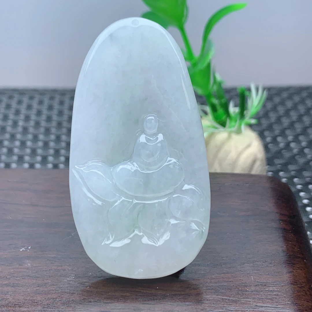 缅甸天然A货翡翠真玉石雕刻莲花悟道吊坠挂件项坠白色糯冰种精雕