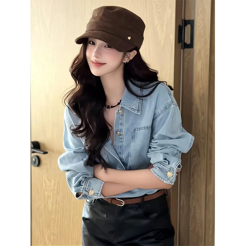 时尚牛仔衬衫早秋2025新款女装港风复古气质外套A字显瘦半身裙