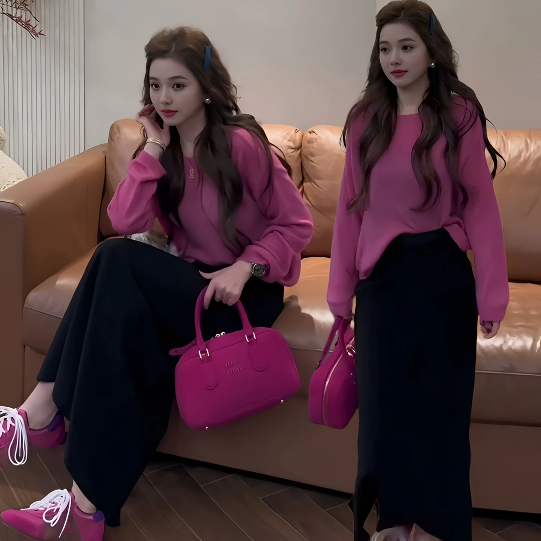 2025秋季新款玫红针织上衣搭高腰半身裙套装显瘦洋气减龄