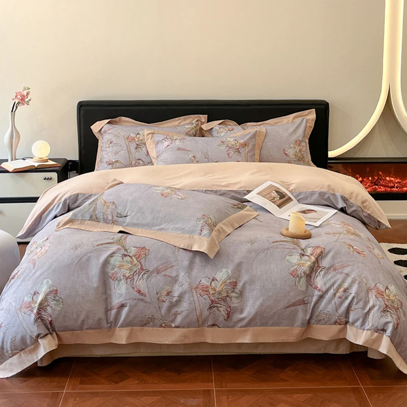 秋冬简约棉四件套磨毛时尚数码印花拼角加厚床单被套床上用品