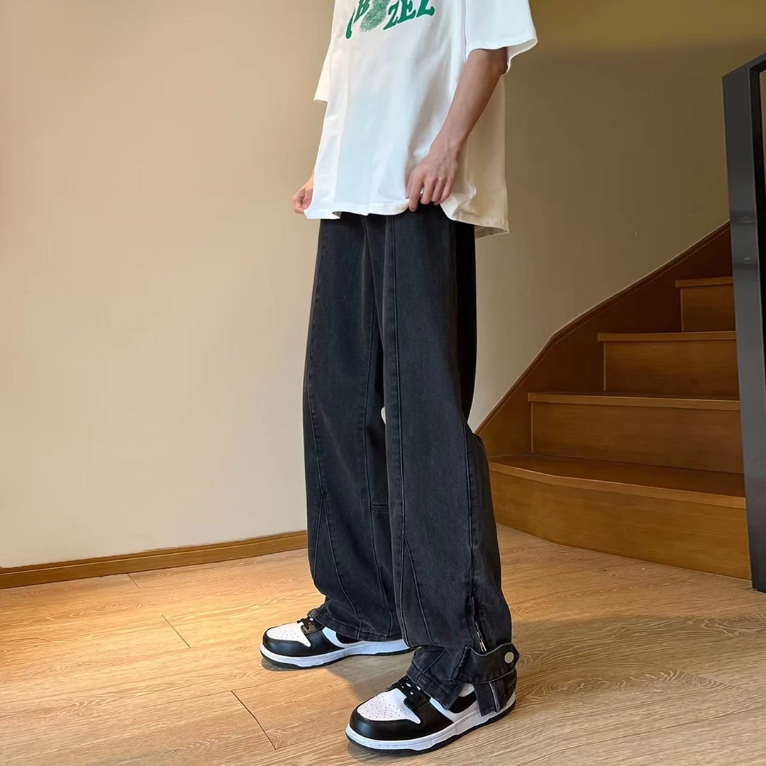 美式小众拉链开叉直筒裤设计感hiphop按扣牛仔裤oversize阔腿裤潮
