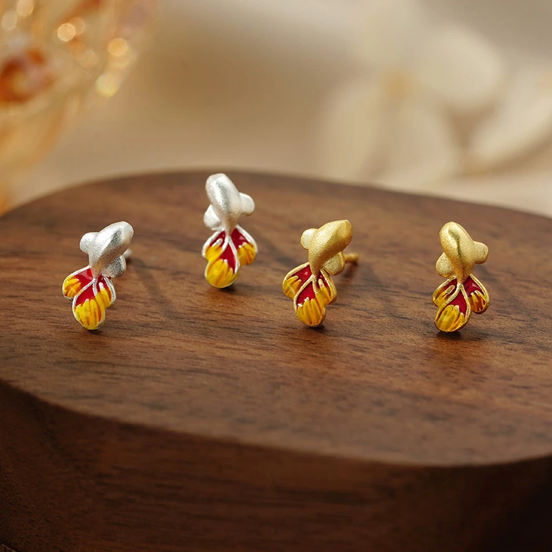 耳饰 S999足银双锦鲤耳钉上岸文艺小众设计独特高级养耳